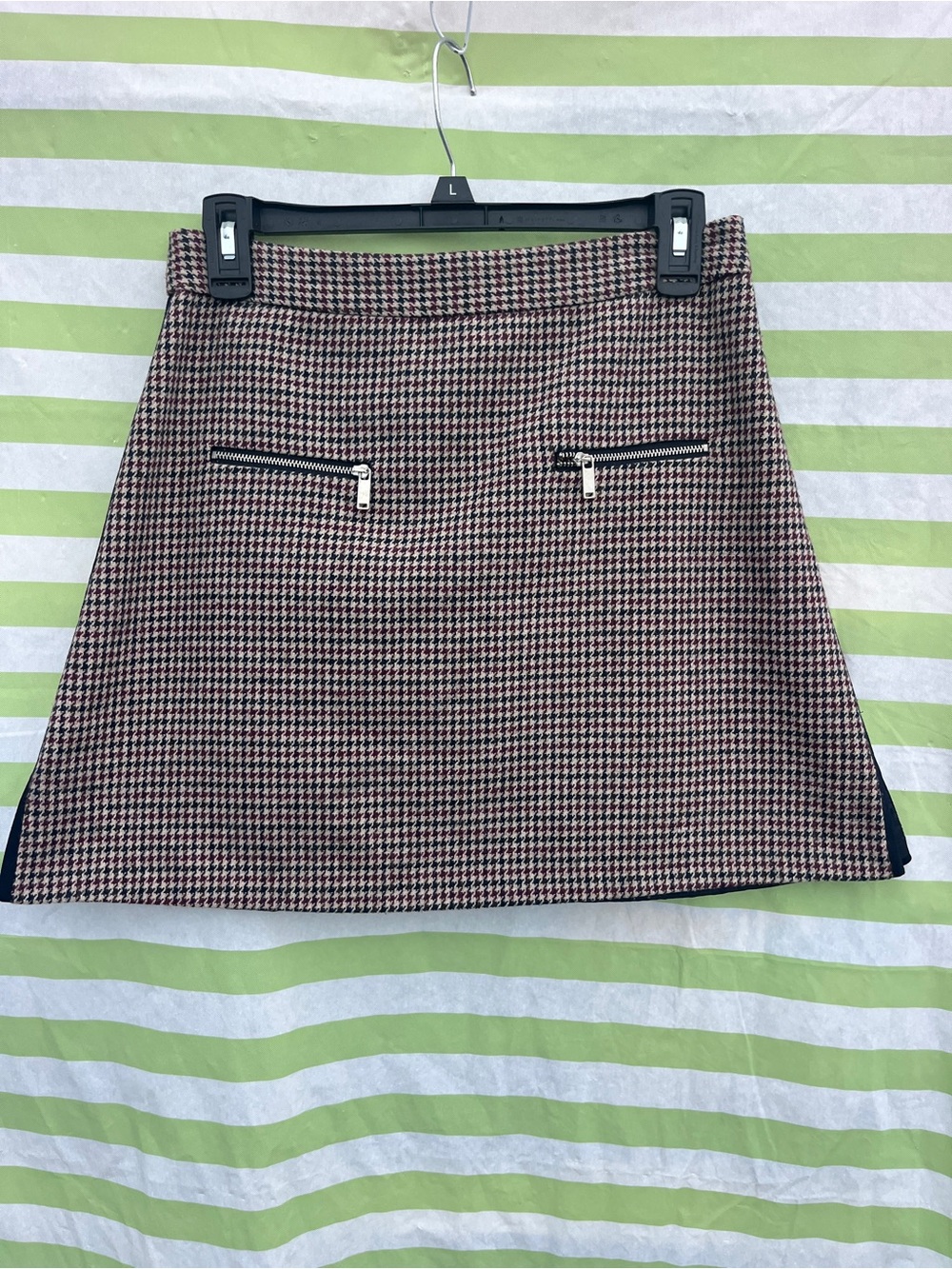 Houndstooth Zara Zip-Pocket A-Line Skirt - Black & Pink Fully Lined